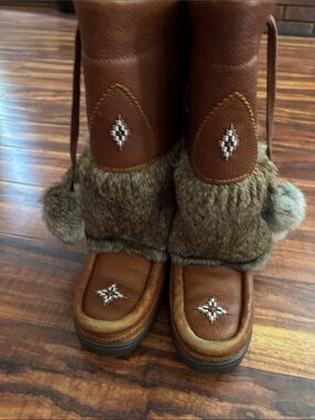 Faux Fur Trim Brown Leather Winter Boots